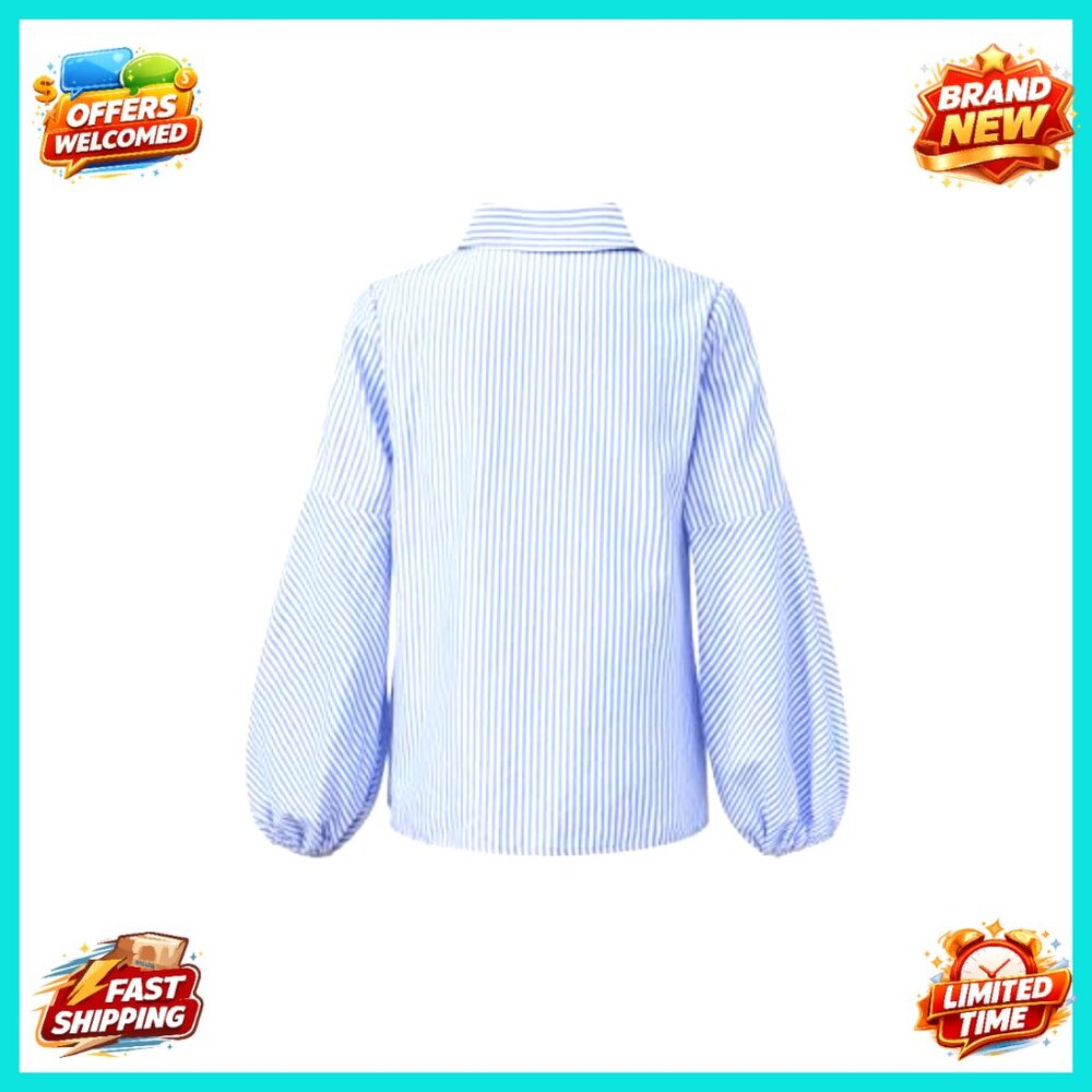 Striped Balloon Sleeve Button Down Blouse Collared Fall Fashion Top - Picture 3 of 5